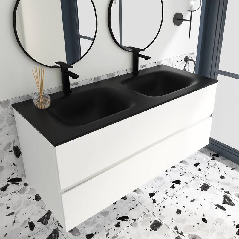 Wall-Mounted Bathroom Vanity Set in White with Black Quartz Top and Integrated Sink