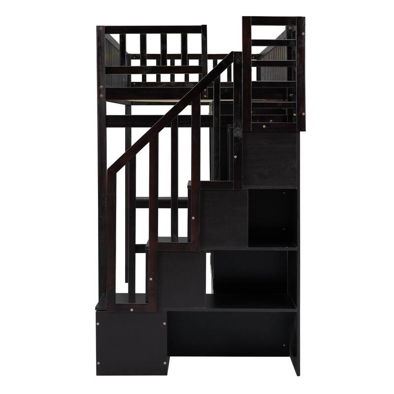 Twin Loft Bed with Bookshelf, Drawers, Desk, and Wardrobe in Espresso