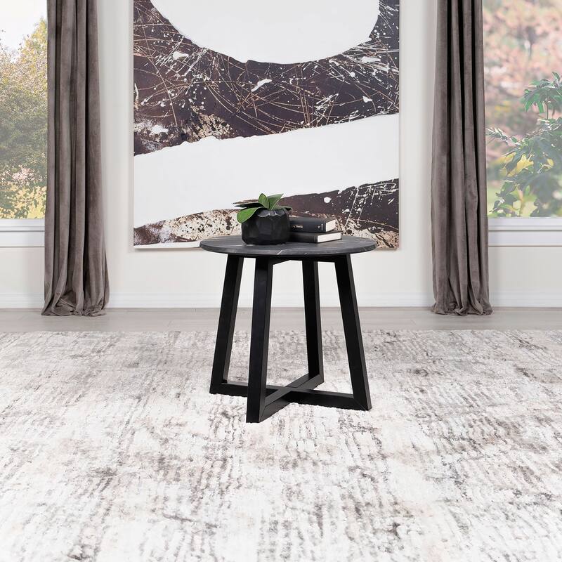 Chic Black Marble-like Round Side Table with Sturdy Wood Base for Stylish Spaces - Black - Wood