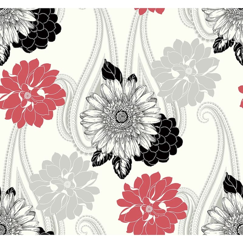 Seabrook Designs Britton Floral Paisley Unpasted Wallpaper - 27 in. W x 27 ft. L - Strawberry & Metallic Silver
