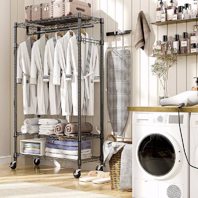 Heavy Duty Rolling Garment Rack with Wheels, 3-Tier Adjustable Wire Shelving, Clothes Rack with Rods & Side Hooks