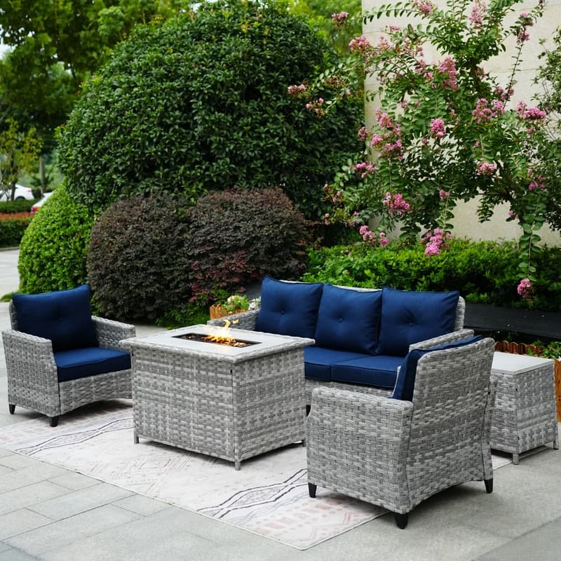 5-Piece Patio Wicker Sofa Set with Firepit Table and Rain cover