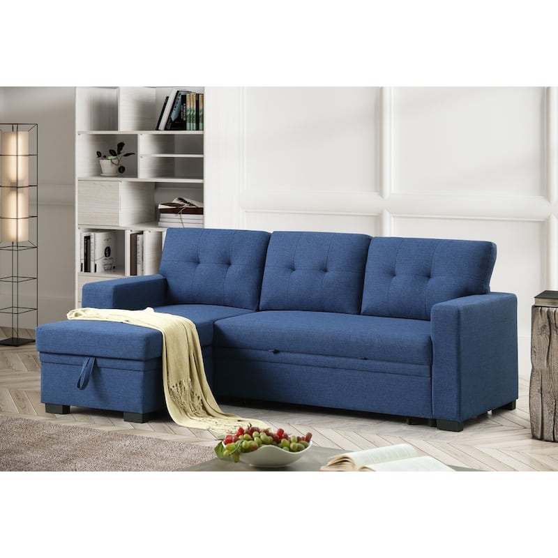 Linen L-Shaped Convertible Sectional Sofa Bed with Storage and Wooden Accent