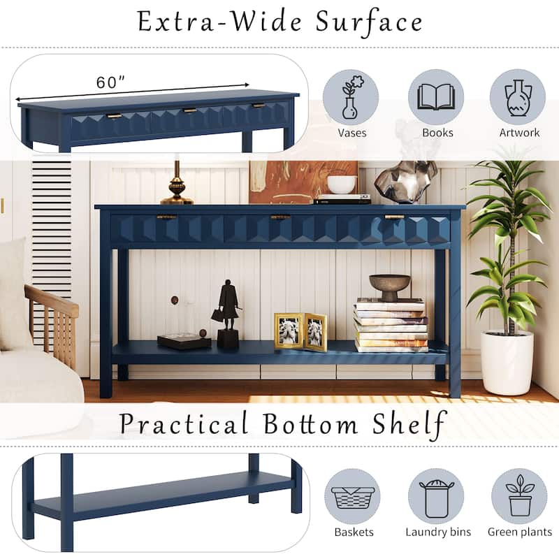 Roomfitters 60'' Entryway Console Table with Storage, Modern Accent Sofa Table with Geometric Front Design, Navy Blue