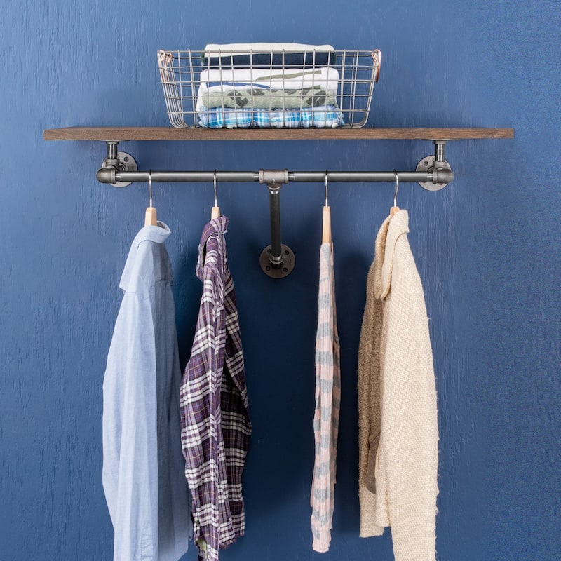PIPE DECOR 36" Wall Mounted Clothing Rack with Wood Shelf and Industrial Steel Pipe