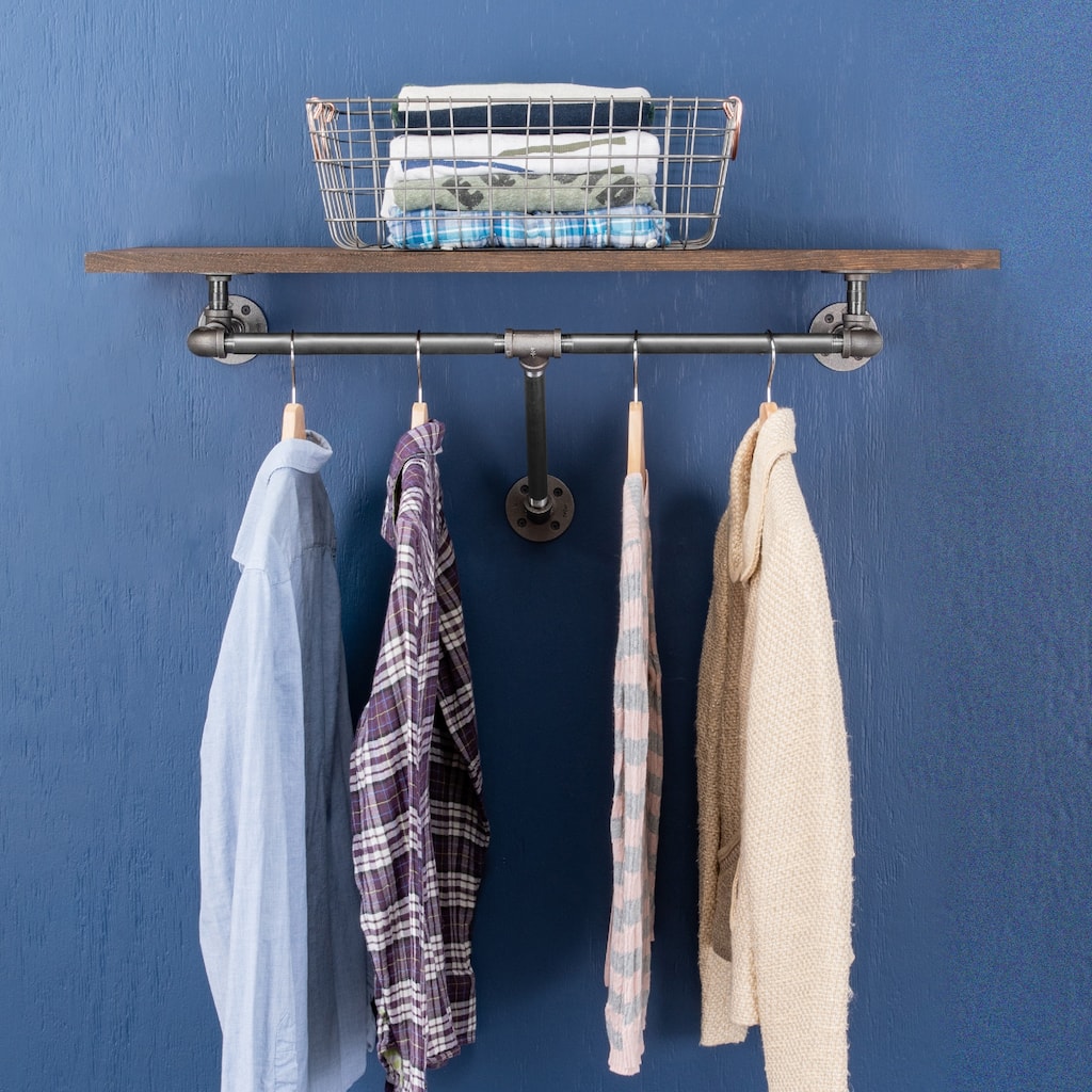 PIPE DECOR 36" Wall Mounted Clothing Rack with Wood Shelf and Industrial Steel Pipe