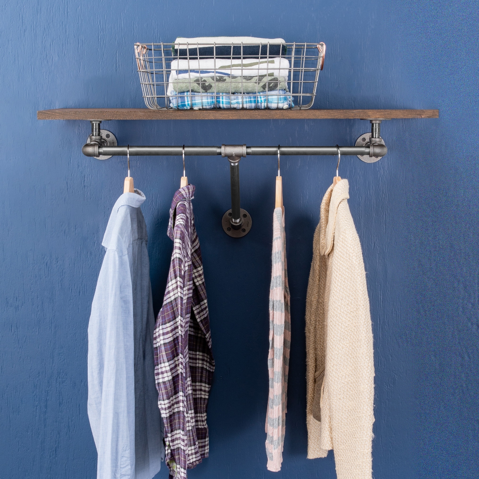 PIPE DECOR 36" Wall Mounted Clothing Rack with Wood Shelf and Industrial Steel Pipe