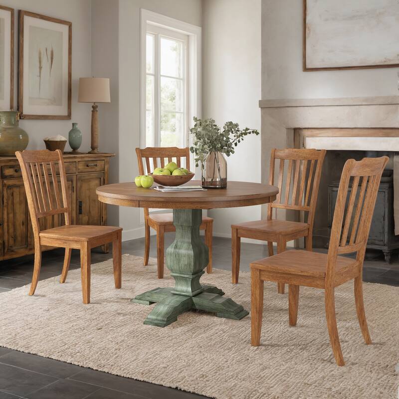 Ronda 45" Round Solid Wood Top Dining Set with Spindle Back Chairs - Antique Sage Green Table - Oak Chairs