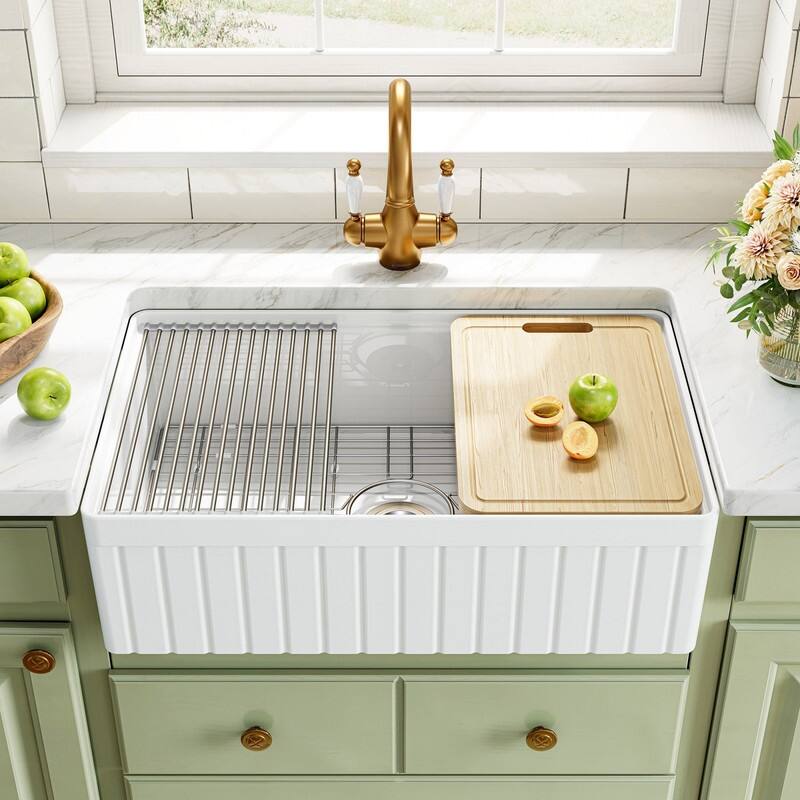 HOROW 33in. Farmhouse/Apron-Front Single Bowl White Fireclay Workstation Kitchen Sink w/Cutting Board,Bottom Grid and Strainer