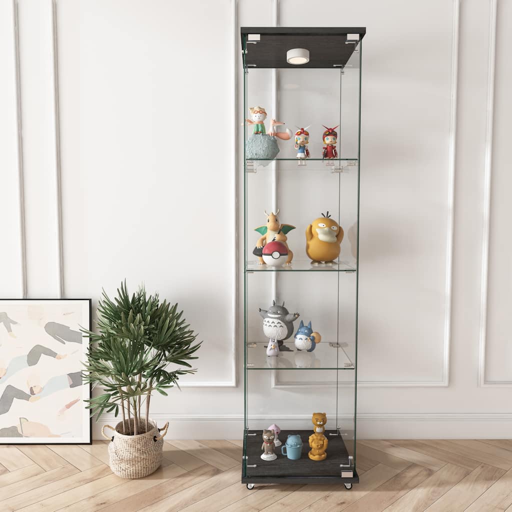 Modern Glass Display Cabinet with LED lights, Quick-assembly Antique Cabinet, Tempered Glass Bookshelf