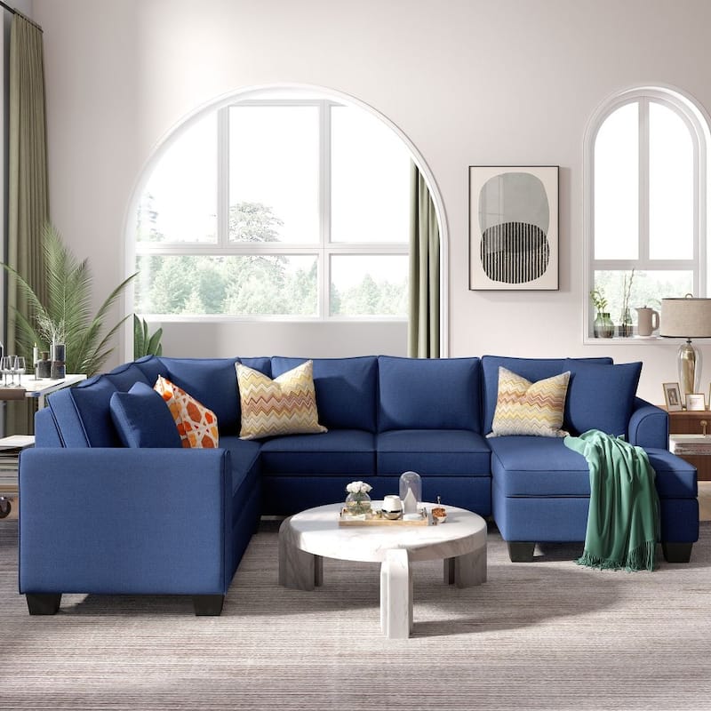 110*86" Sectional Sofa Upholstered Modern English Arm Classic U-shaped Sofa 3 Pillows Included - Blue