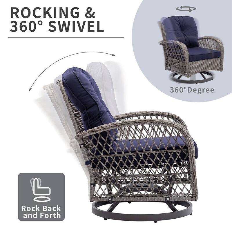3 Pieces Outdoor Swivel Rocker Chairs, 360 Degree, Thickened Cushions & Glass Coffee Table