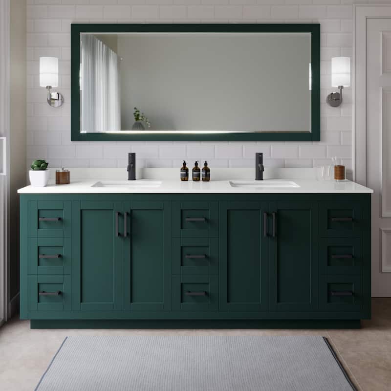 Wyndham Collection WCF292984D-QTZ-UNSMXX Miranda 84" Free Standing - Green / White Quartz Top / Matte Black Hardware