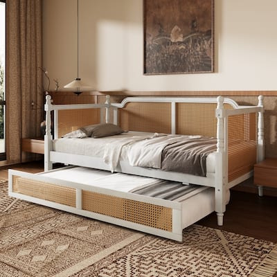 Vintage Rattan Wooden Daybed with Trundle