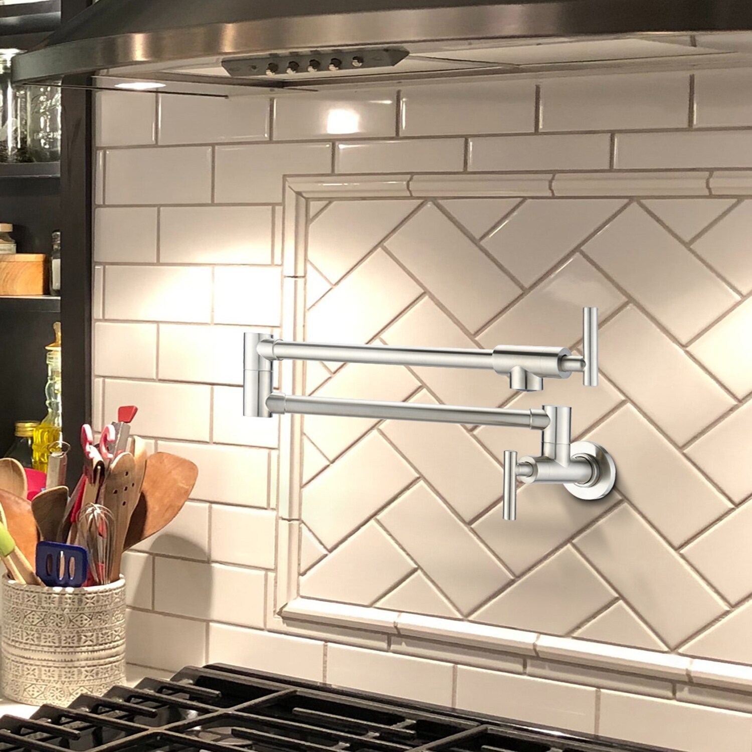 Modern Farmhouse Wall Mount Pot Filler Faucet,Brass Kitchen Faucet with  Double Handle - 18.3