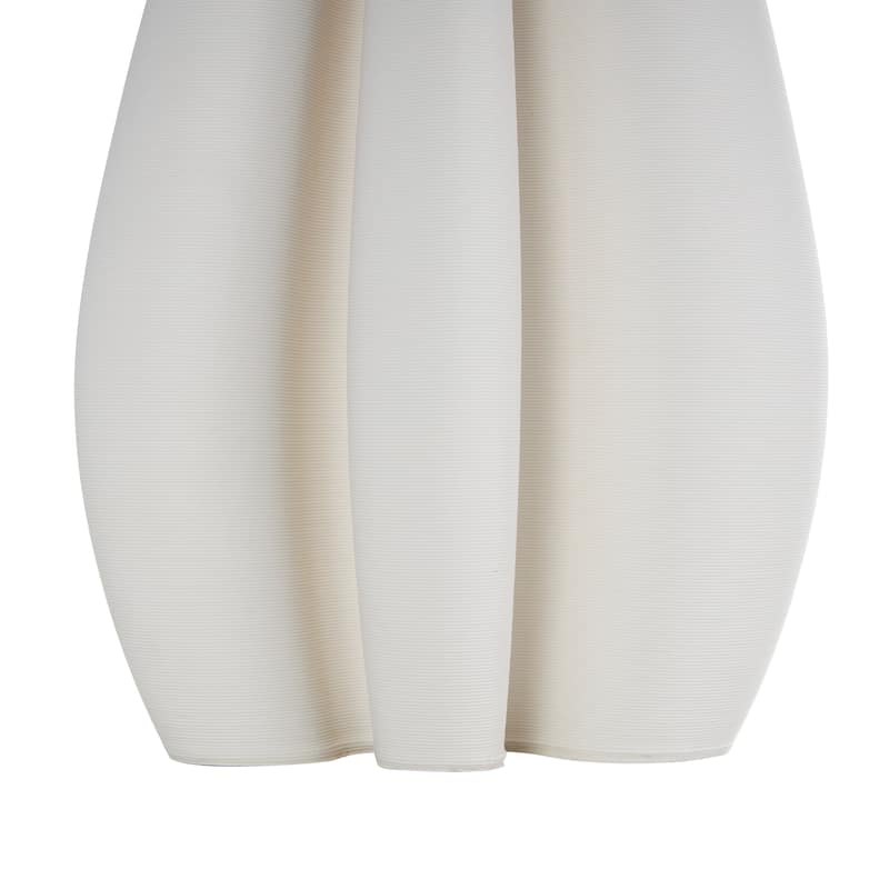 White Ceramic Ribbed Dimensional Concaved Abstract Vase with Floral Shaped Rim
