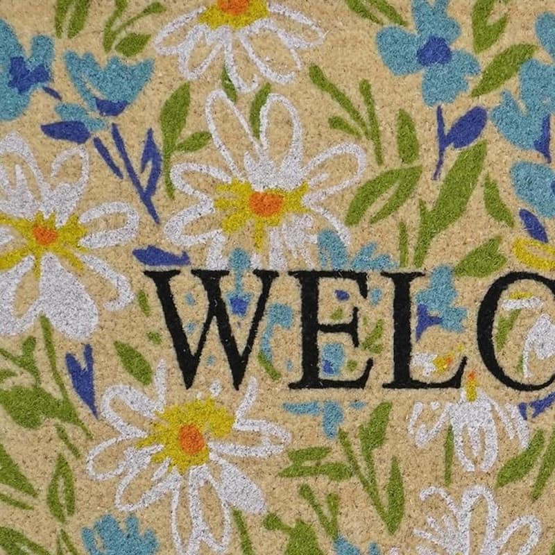 HomeRoots 30" X 48" Brown Light Blue And Green Floral Welcome Outdoor Coir Door Mat - 30.00' X '48.00