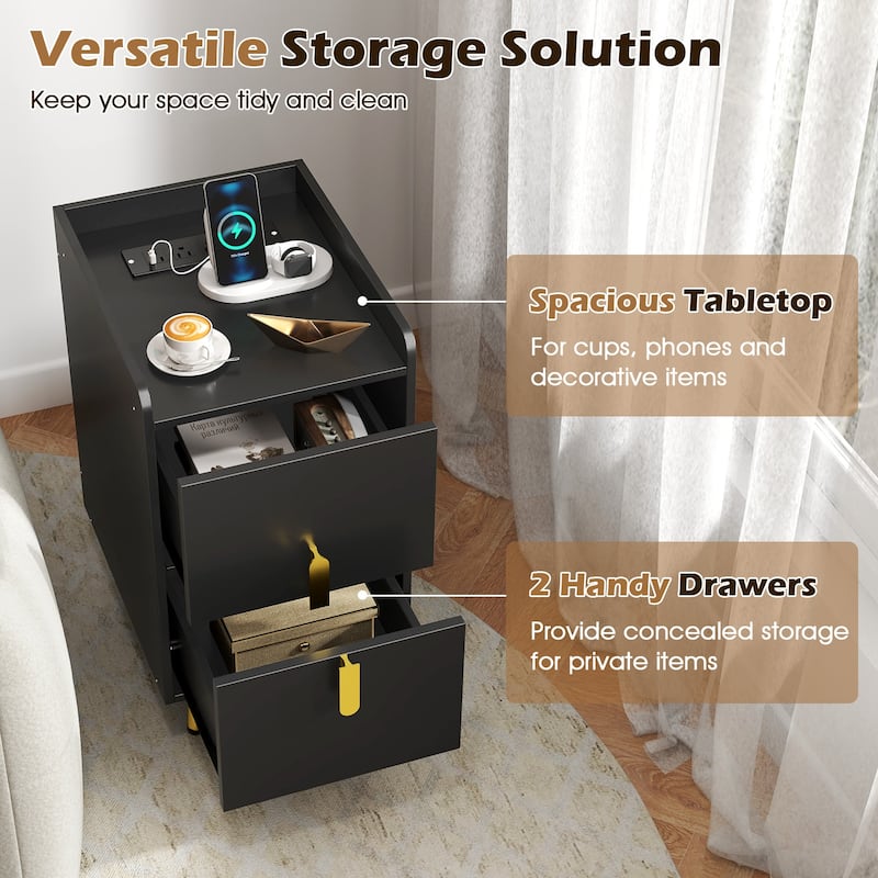 Gymax 2PCS Nightstand w/ Charging Station Home Bedside Sofa Side