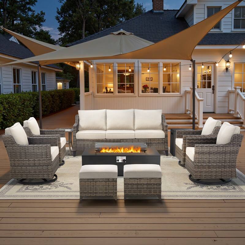 Glissia 9-Piece Gray Wicker Fire Pit Conversation Set with Modern Steel Fire Pit