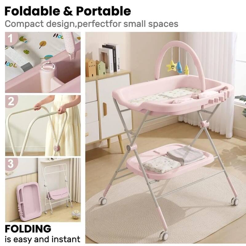Adjustable Height Portable Folding Baby Diaper Changing Station with Wheels and Steel Pipe Frame