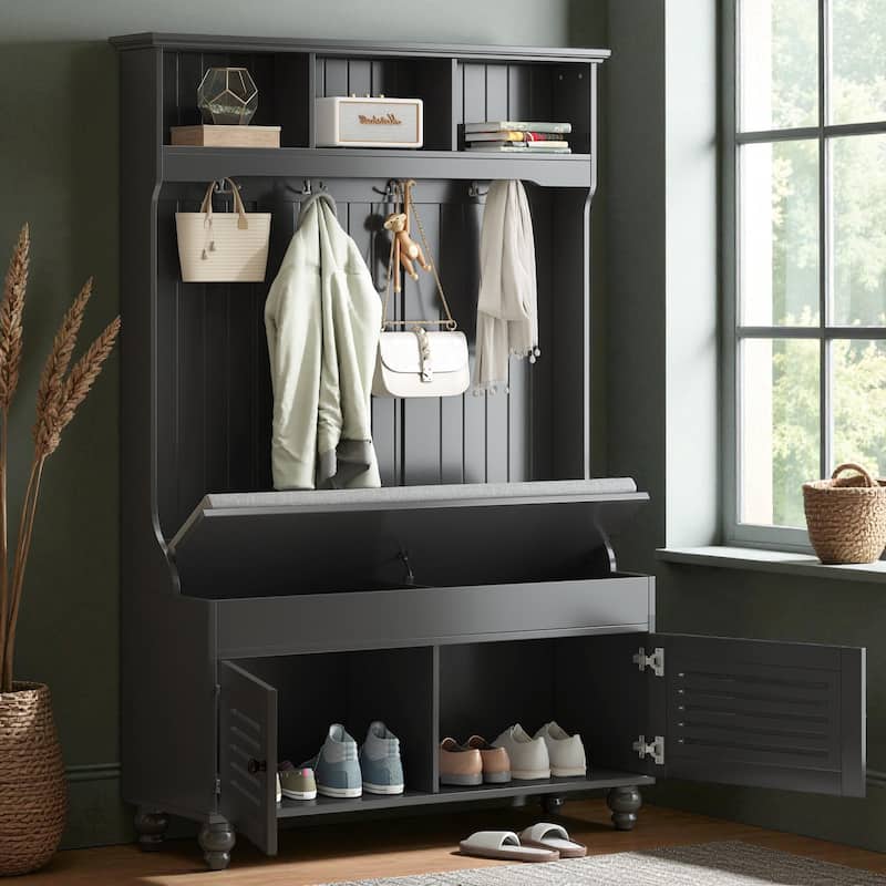 47.2'' Wide 5-in-1 Hall Tree with Bench, Cushion, Shutter Doors & 4 Hooks, Entryway Storage Organizer Cabinet