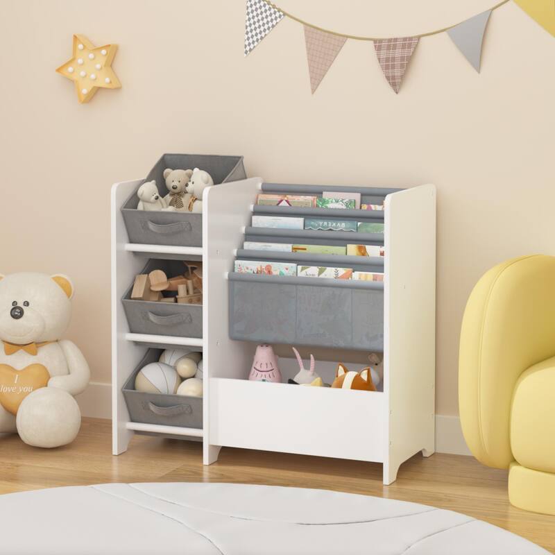 Kids Bookshelf Toy Storage Organizer 4 Tier with 3 Collapsible Fabric Drawers Book Display for Playroom Nursery Kids
