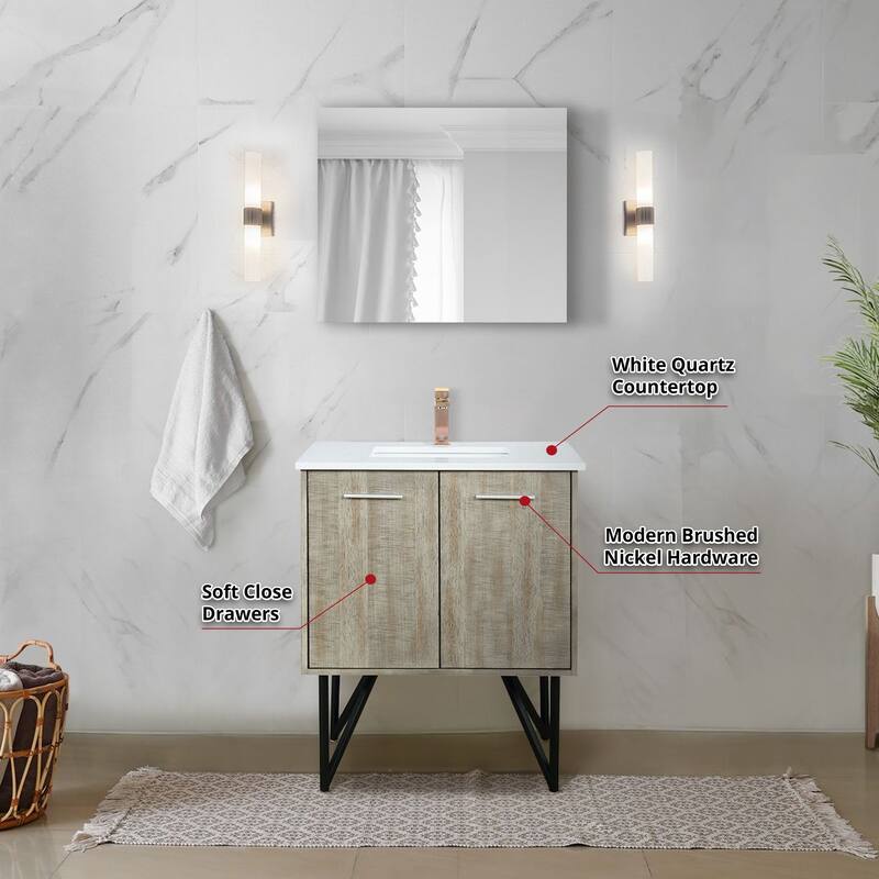 30 in. Rustic Acacia Bath Vanity with Marble Top, Rose Gold Labaro Faucet, and 28 in. Mirror, Soft-Close Doors, Bathroom Storage
