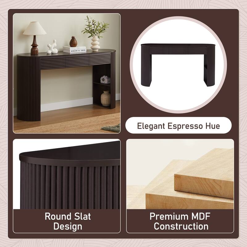 Retro Console Table with Storage, 3 Drawers, 1 Table-Leg Niche, Round Slat Aesthetic, Entryway, Living Room & Hallway
