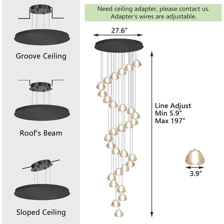 KAYLA 30-Lights Gold Modern Crystal Chandelier for Staircases, 157" Extra-Long Adjustable LED Ceiling Light