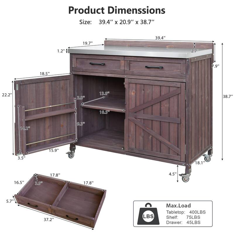 39.4" Outdoor Kitchen Island on Wheels with Stainless Table Top, Outdoor Kitchen Cabinet with Adjustable Shelves