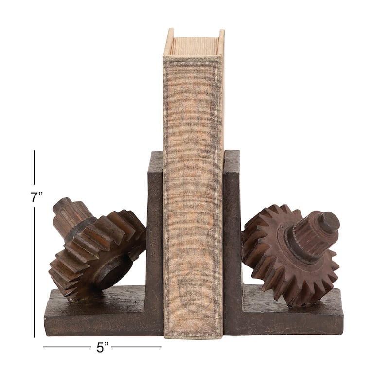 Brown Polystone Gear Decorative Bookends (Set of 2)
