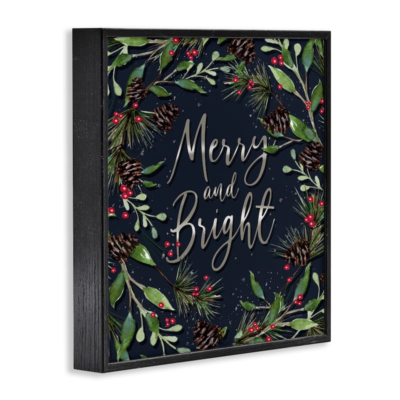 Stupell Merry & Bright with Holly Leaves Framed Giclee Art Design By Elizabeth Tyndall