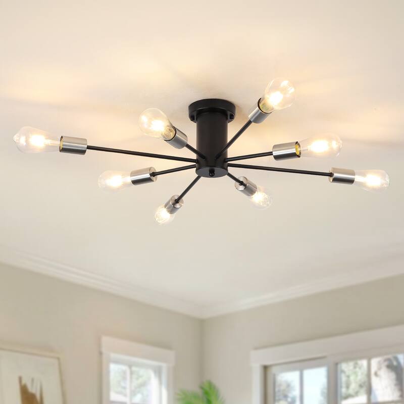 8-Light Modern Semi Flush Mount Sputnik Ceiling Light for Kitchen Bedroom Dining Room - Black+Sand nickel