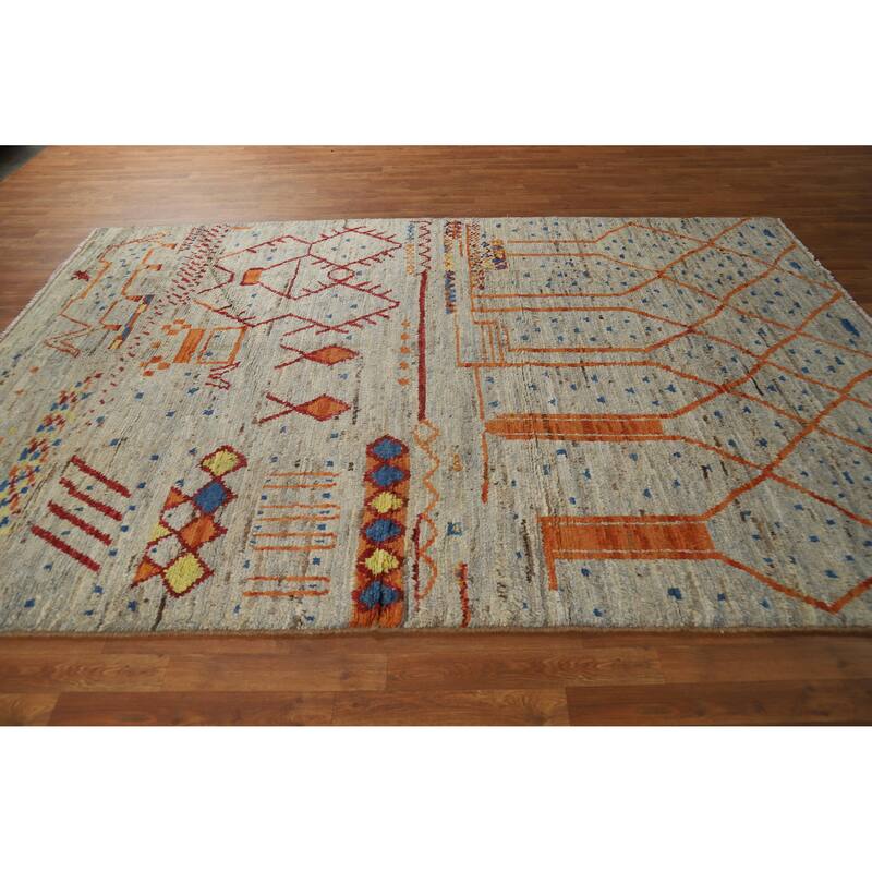 Moroccan Oriental Area Rug Hand-Knotted Grey Wool Carpet - 6'8" x 9'10"