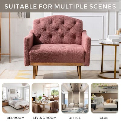 Modern Accent Chair, Brush Pink Teddy Fabric Armchair Lounge Chairs with Gold Metal Legs, Tufted Back Upholstered Reading Chair