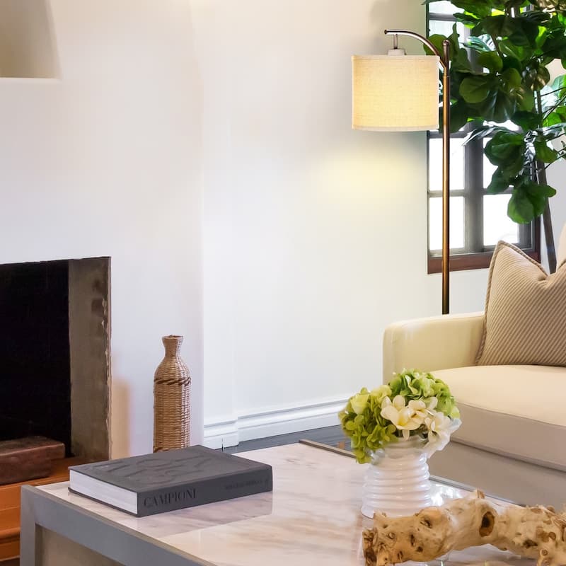 Brightech Montage 62 in. Mid-Century Modern LED Super Bright Floor Lamp with Beige Fabric Drum Shade