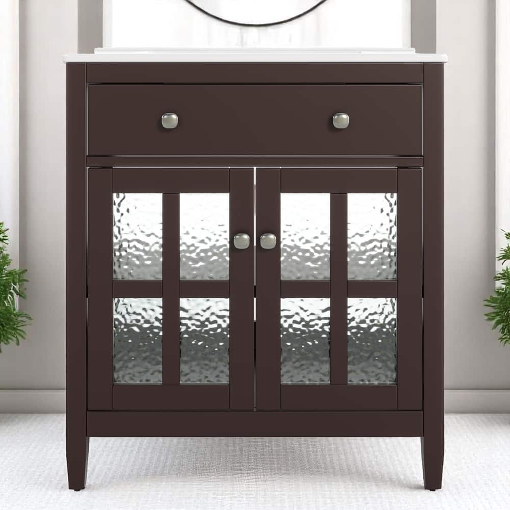 30" Bathroom Vanity with Ceramic Sink, Solid Wood Tapered Legs, Tip-Out Tray & Soft-Close Hinges