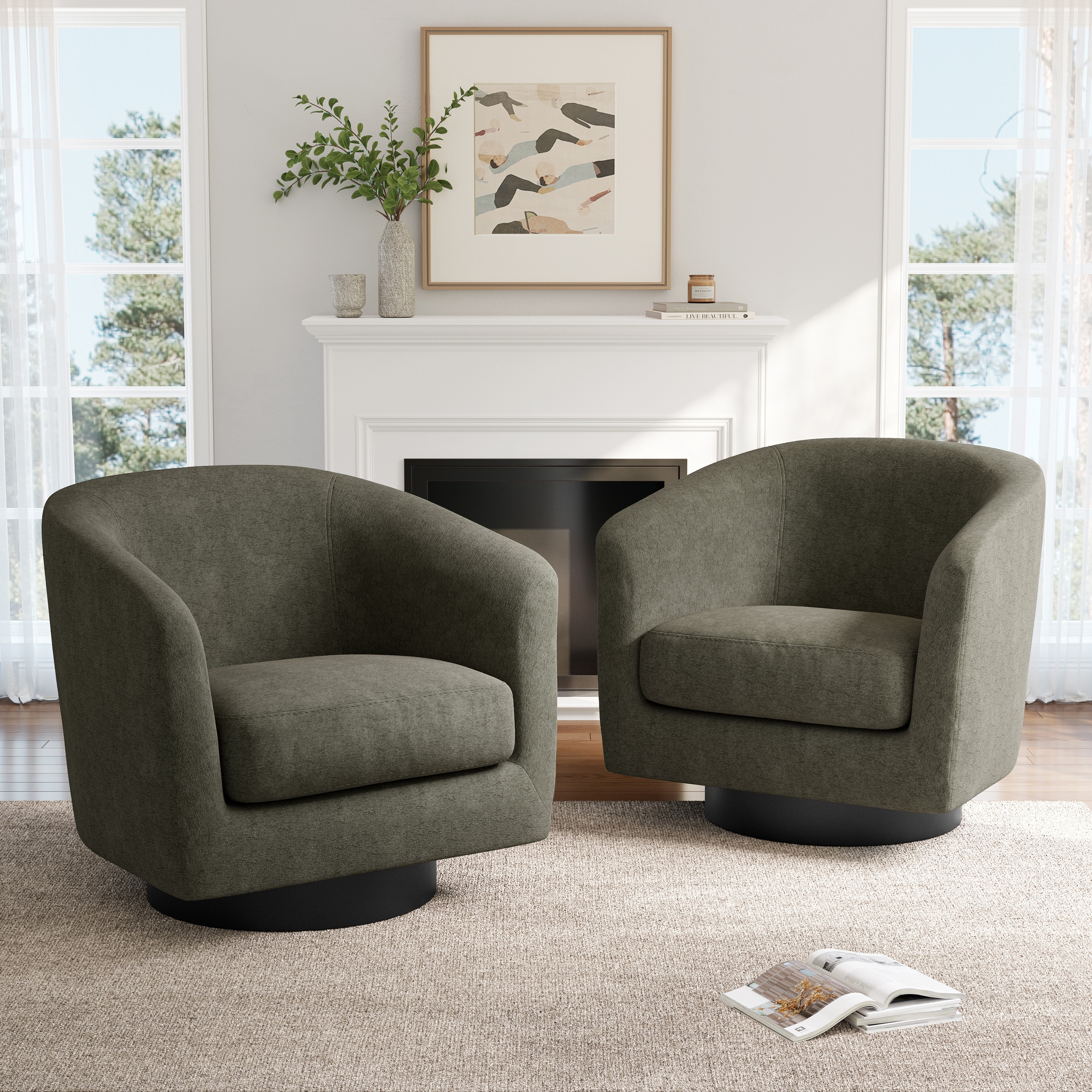 2 Set Chenille Swivel Barrel Chairs Upholstered Armchairs For Living Room