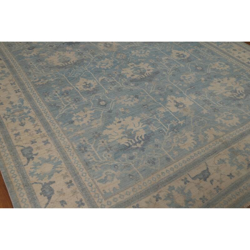 Transitional Blue Oushak Turkish Area Rug Hand-Knotted Wool Carpet - 8'0"x 9'10"