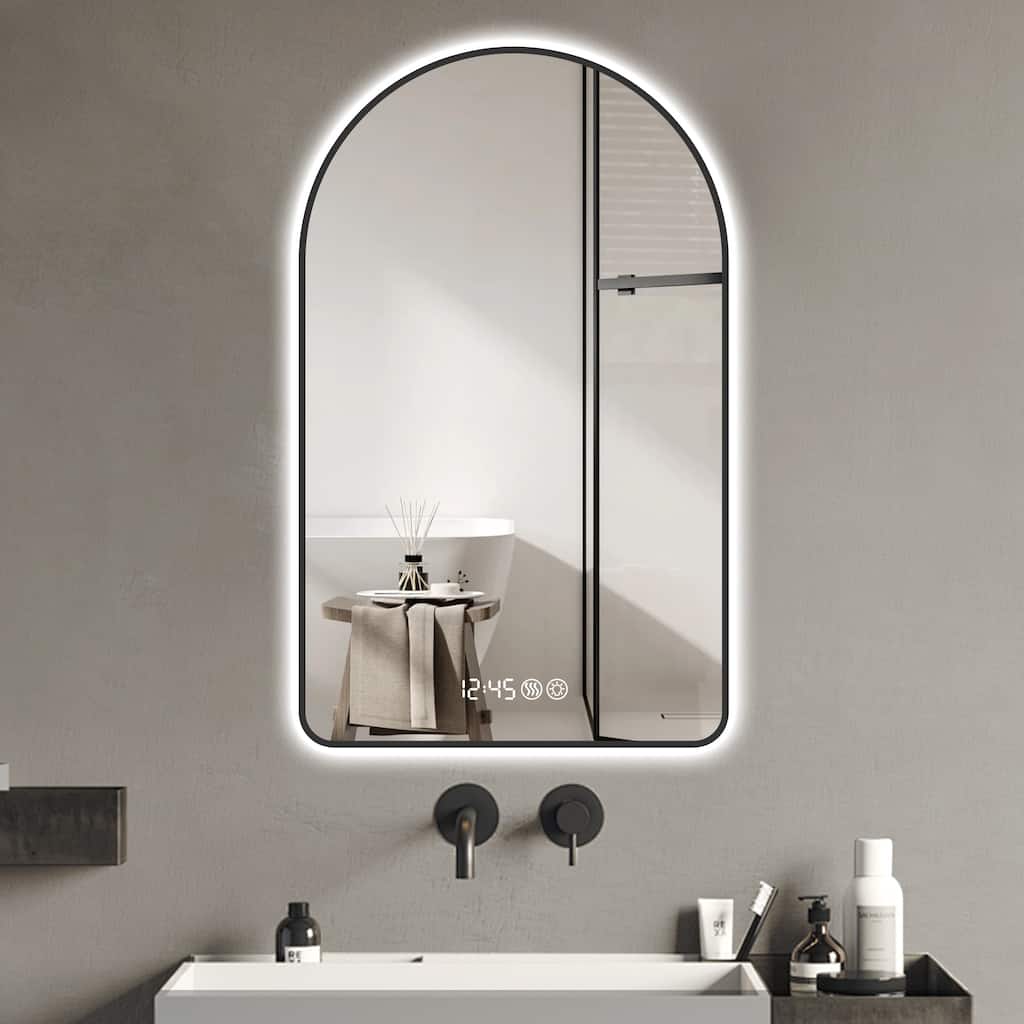 32"x60"Arched LED Mirror for Bathroom,Time and temperature display, Backlight, Anti-Fog, Dimmable, with 3 Color Temperatures