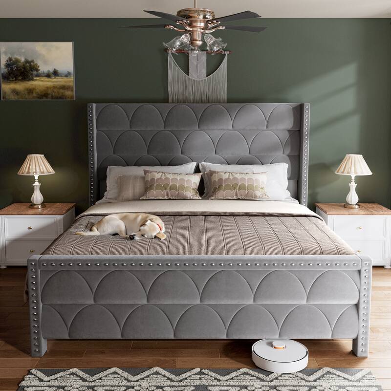 Hansabenne King Size Upholstered Platform Bed Frame Velvet Wood Bed Frame with Headboard - Grey