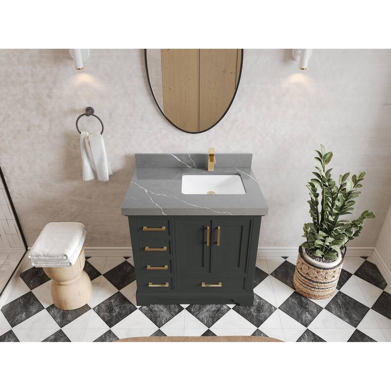 Willow Collections 36 x 22 Charlotte D Right Offset Sink Bathroom Vanity with Countertop - 2” Piatra Gray -  Black Top