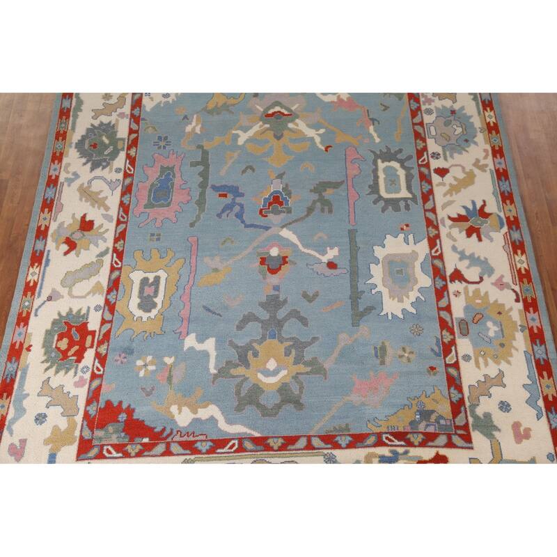 Light Blue Oushak Area Rug Hand-Knotted Floral Wool Carpet - 8'11"x 11'8"