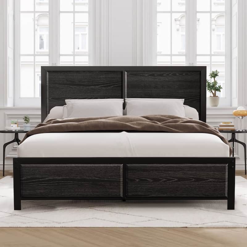 VECELO Platform Bed Frame with Wooden Headboard Heavy Duty Steel Slats Support No Box Spring Needed - Black - Queen