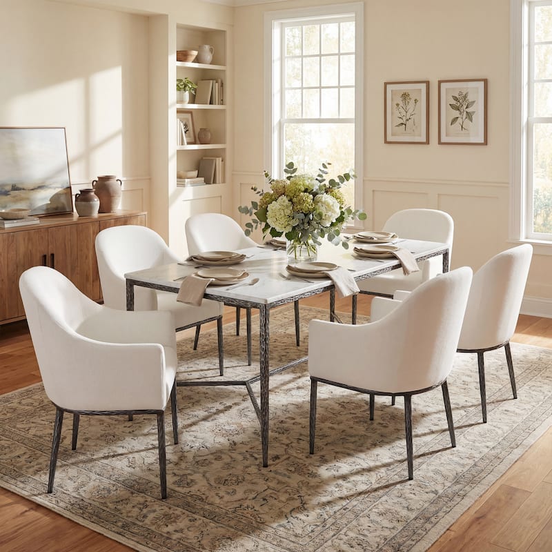 Christopher Knight Home - 7-Piece Industrial Metal Top Dining Set with Upholstered Chairs - ArmrestChair - Forged Pewter