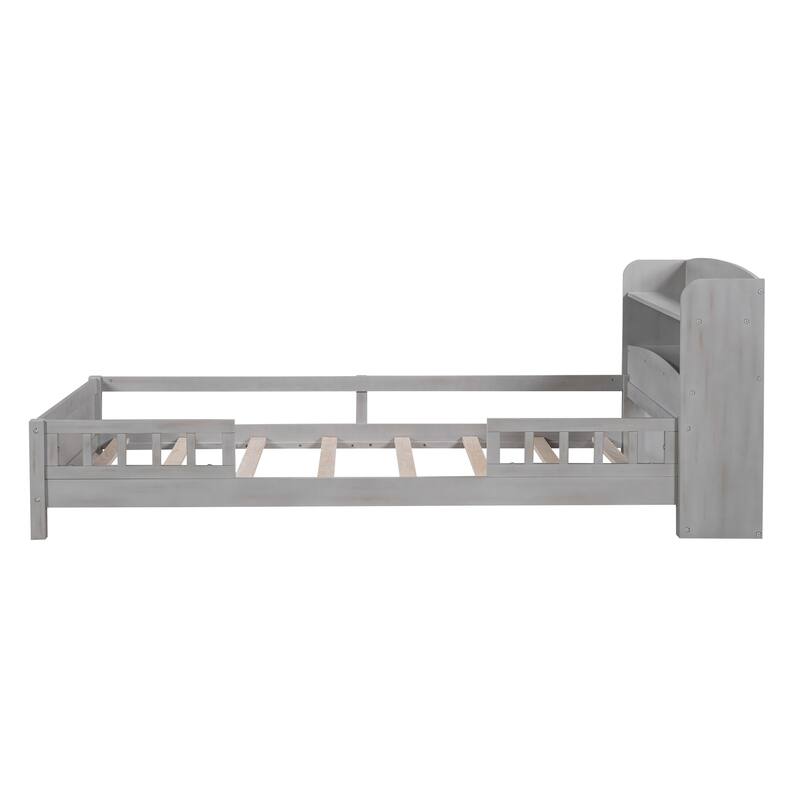 Twin Size LED Platform Bed with Storage Headboard & Guardrail, Antique Grey