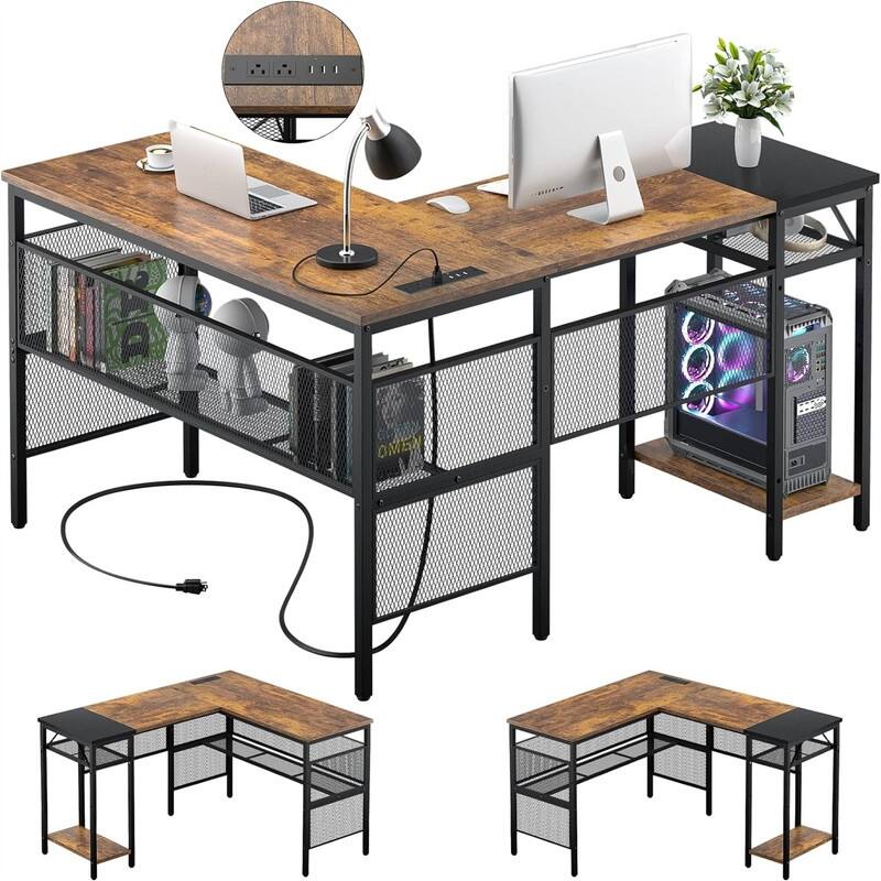 L Shaped Desk with USB Charging Port and Power Outlet - Rustic Brown