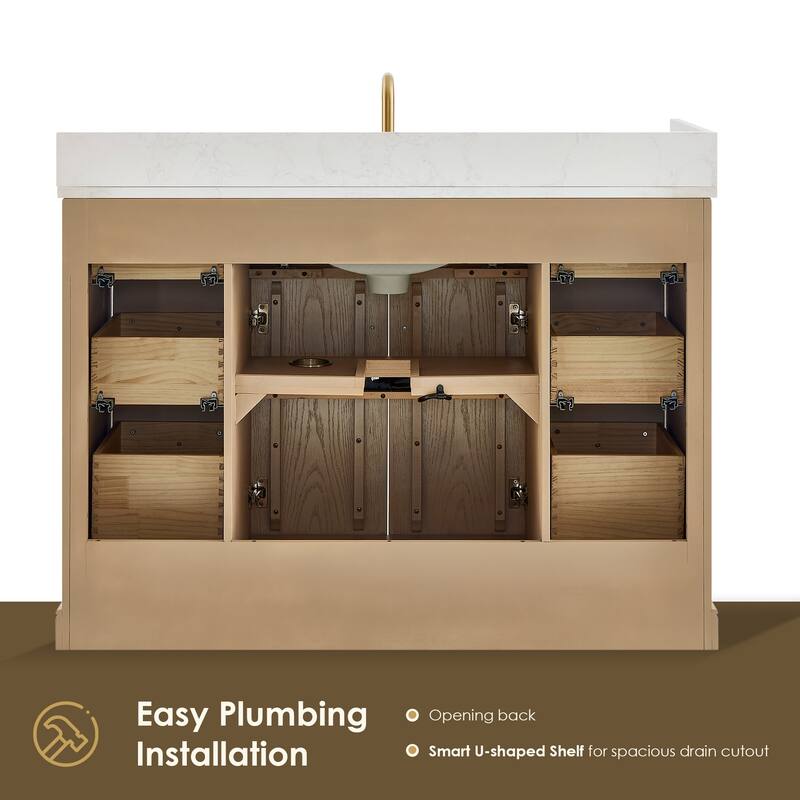 Barnett Bathroom Vanity in Natural Oak with Grain White Engineered Stone Countertop No Mirror