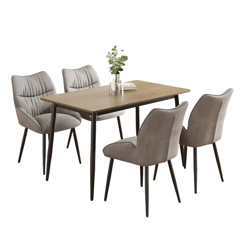 Modern Wood Grain Dining Set with Black Metal Legs, Seats 4-6, 5-Pcs - Grey+Brown