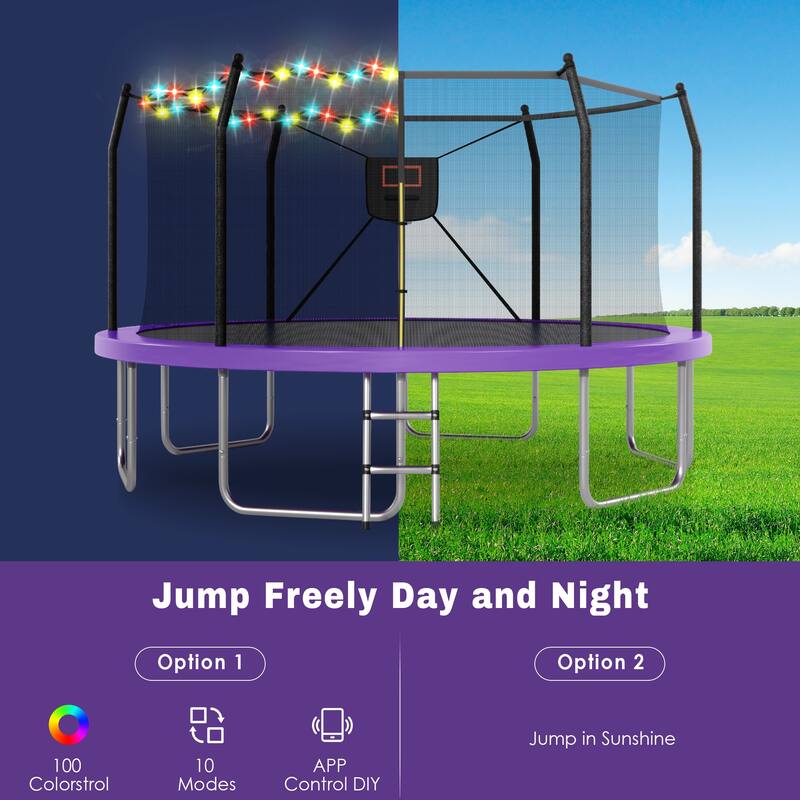 16FT Trampoline with Lights and Basketball Hoop, Outdoor Recreational 16" Trampoine for Kids and Adults